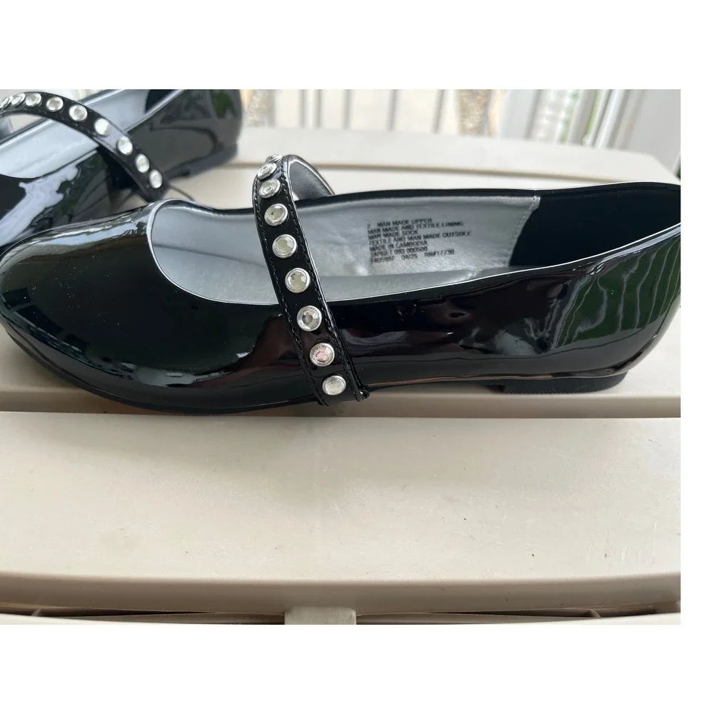 Cat & Jack Brooke Girls Black Patent Rhinestone Mary Jane Flats Size‎ 2 NEW